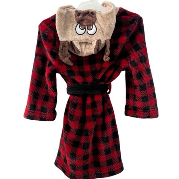 Embroidered Boys' Hooded Robe With 3D Moose Ears & Antlers, Red and Black XS - Picture 2 of 5